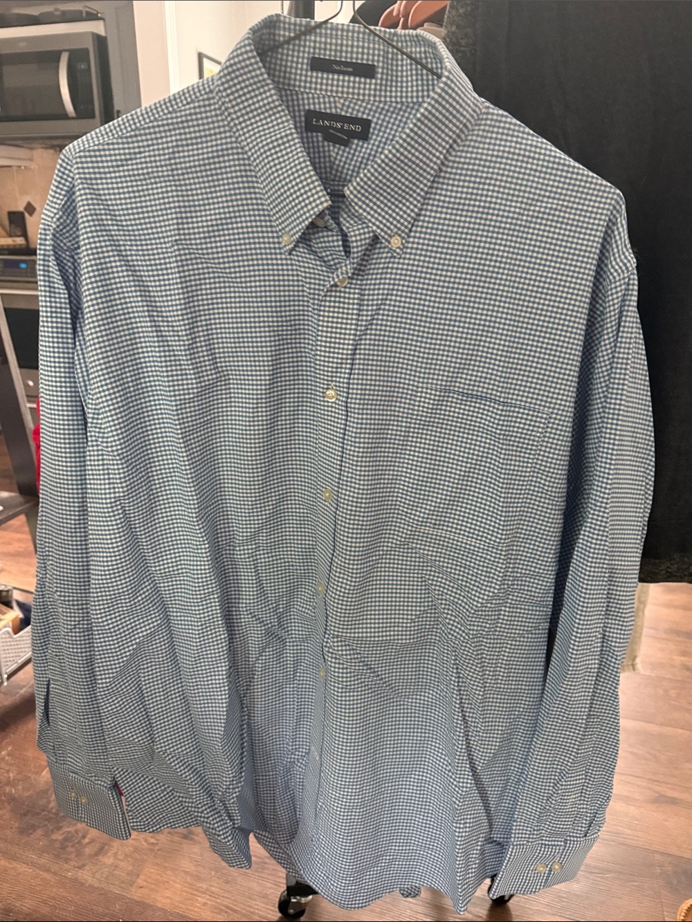 Lands' End Men's Light Blue and White Gingham Button-Down Shirt